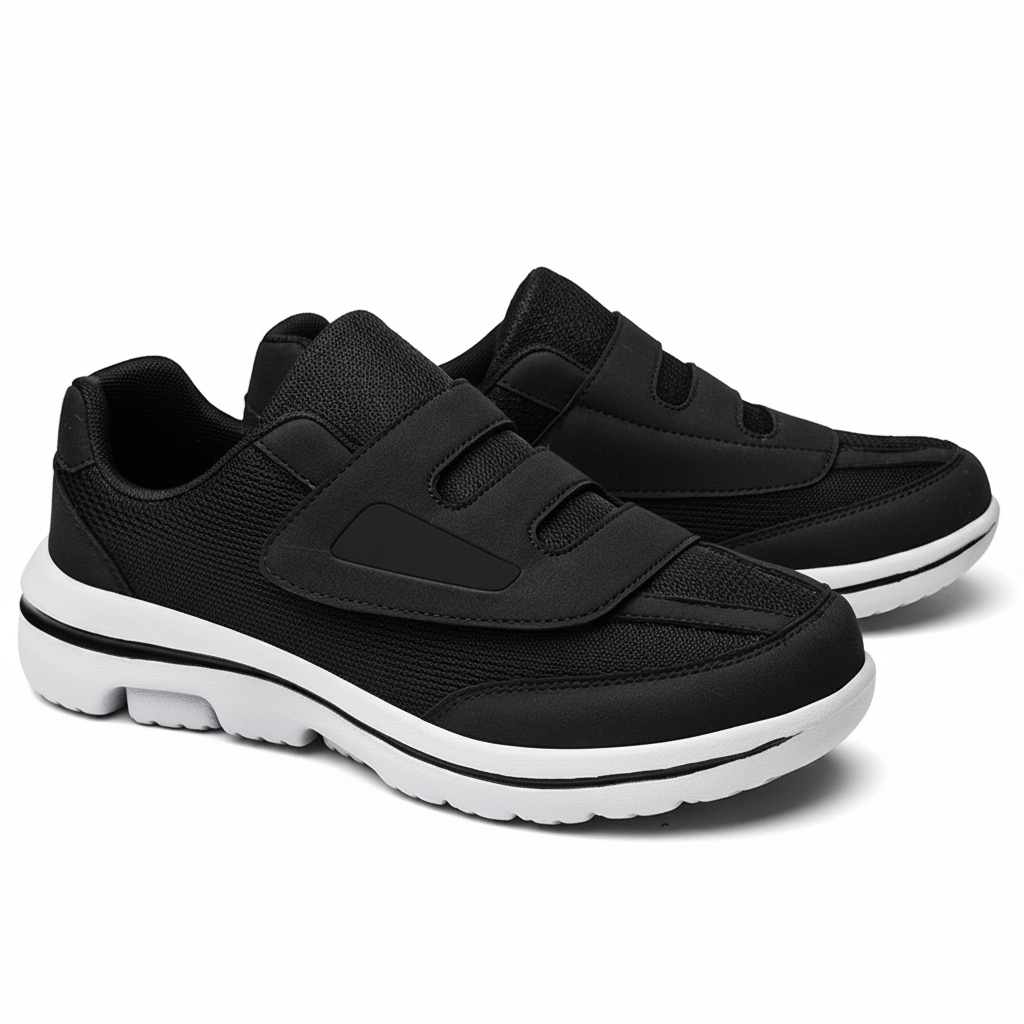 Chaussures orthopédiques diabétiques Zoomix II Noir – packshot fond blanc, velcro large, mesh respirant, semelle EVA blanche