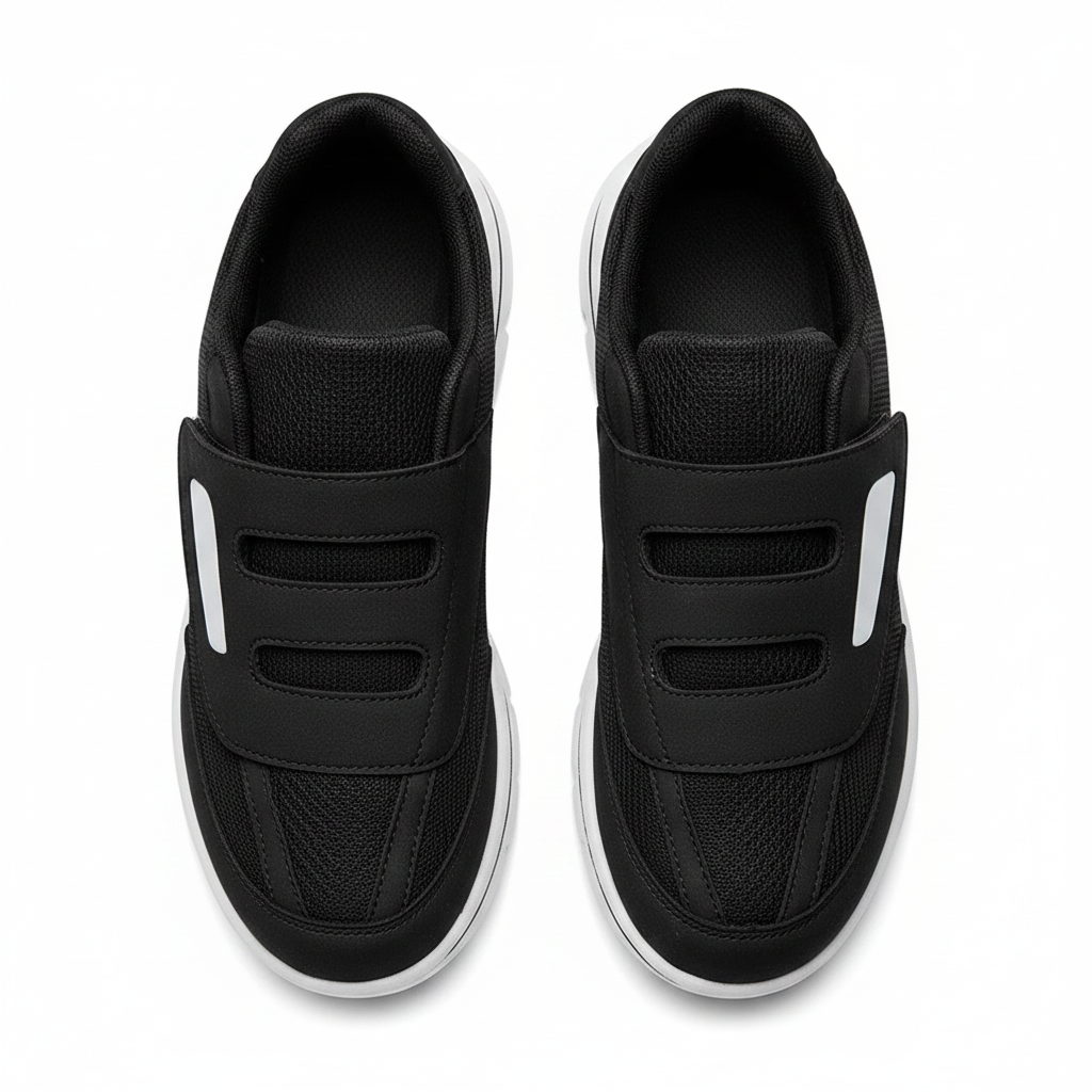 Chaussures orthopédiques Zoomix II Noir – vue top-down velcro ouvert, ouverture large pour pieds œdémateux