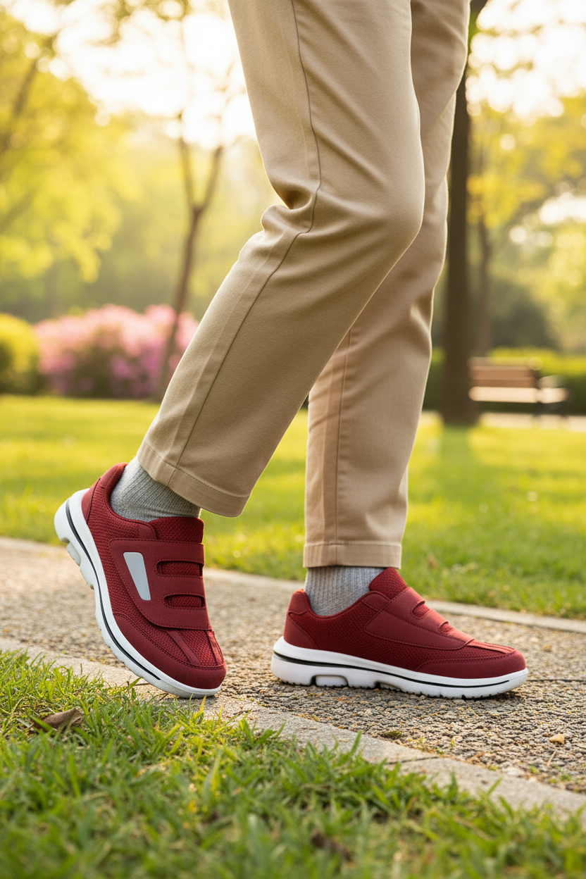 Chaussures orthopédiques Zoomix II Wine Red – lifestyle portées au quotidien, confort pour pieds gonflés et diabétiques
