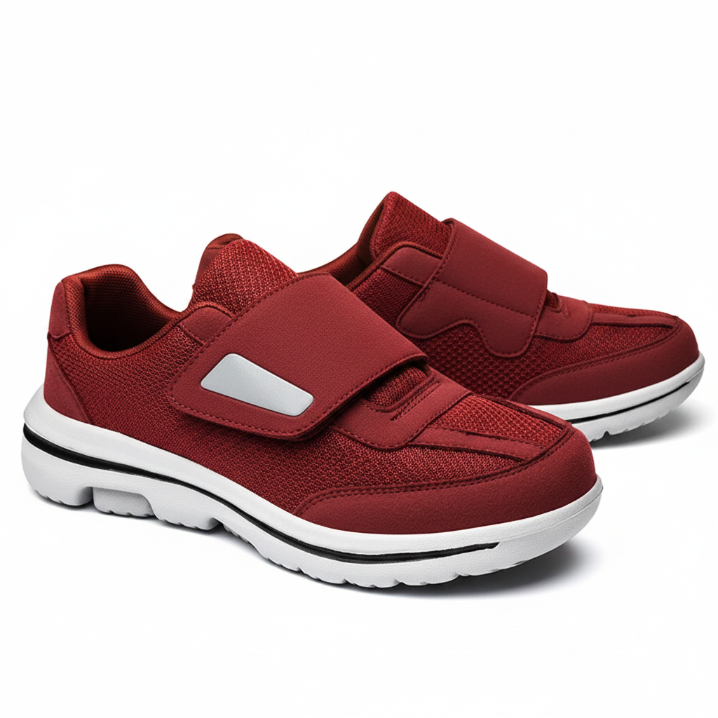 Chaussures orthopédiques diabétiques Zoomix II Wine Red – packshot fond blanc, velcro large, mesh respirant, semelle EVA blanche