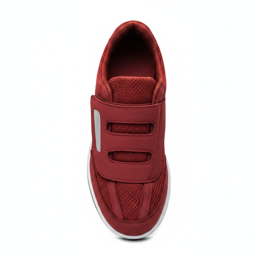 Chaussures orthopédiques Zoomix II Wine Red – vue top-down velcro ouvert, ouverture large pour pieds œdémateux